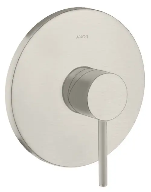 Edelstahlfarbener Unterputz-Brausemischer von AXOR mit einem runden Platten-Design und einem starren Hebelgriff zur Regulierung von Wasser und Temperatur.